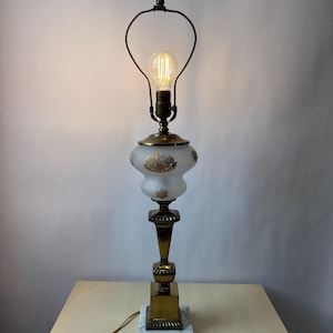 Vintage Floral Boudoir Lamp: Mid Century Marble Base, Gold Trim