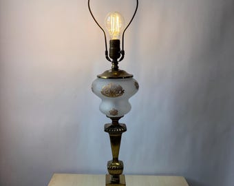 Vintage Floral Boudoir Lamp: Mid Century Marble Base, Gold Trim