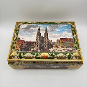 Vintage 1989 Lebkuchen-Schmidt German Large Metal Tin. Hinged Lid. Dent on Lid