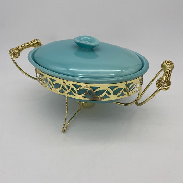 Miramar California Pottery Ovenproof 773 1958 Chaffin Charafe Serving Dish, w Matching Tealight Holder, Turquoise Vintage, MCM