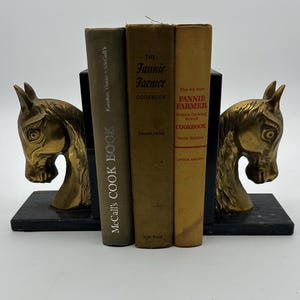 Pair of Vintage Brass and Black Marble Horse Head Bookends