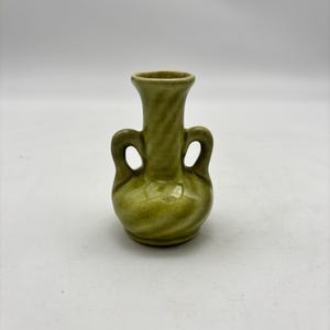 Vintage Green Glazed Pottery Bud Vase | Small Double Handle Vase