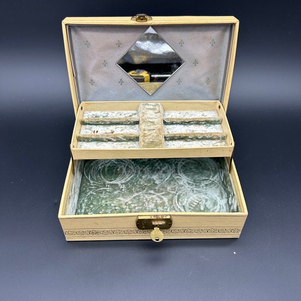 Vintage Mid Century Locking Jewelry Box with Key ** Beige and Fillagree Exterior with Blueish Green Interior *** 50s-60s Jewelry Storage