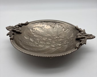 Vintage Pewter Footed Tray with Embossed Grape Vine Motif and Ornate Handles