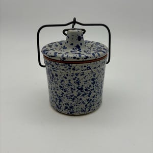 Blue and White Speckled Stoneware Cheese Butter Crock Jar Wire Bail Lid Vintage