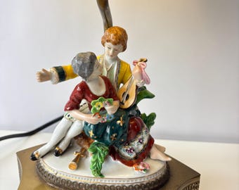 Antique Victorian Courting Couple Porcelain Lamp with Brass Base, Lampshade and Finial. New wiring