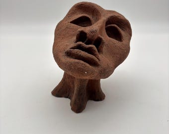 Terracotta Clay Abstract Art Face Sculpture on Pedestal
