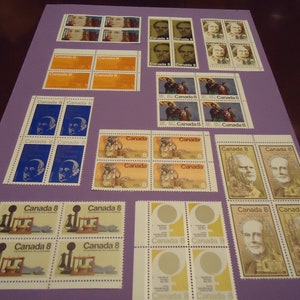 Sellos postales canadienses nuevos, 10 juegos de 4 sellos (8 centavos), en su mayoría de la década de 1970