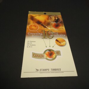 Folleto nuevo de 10 sellos postales canadienses de 1994: saludos con sellos surtidos para colocar en el franqueo de los sellos, reverso autoadhesivo.