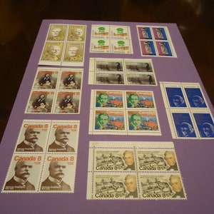 Sellos postales canadienses nuevos, 9 series de 4 sellos (8 centavos), en su mayoría de la década de 1970.