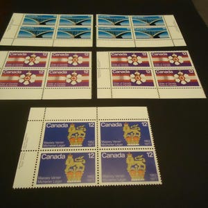 Unused set of 5  plate block corners 12- cents from the 1970s-order of Canada, peace bridge, Massey Vanier