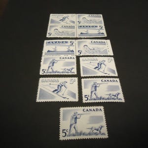 Surtido de 11 sellos postales canadienses antiguos, de 5 centavos, de deportes recreativos de 1957.