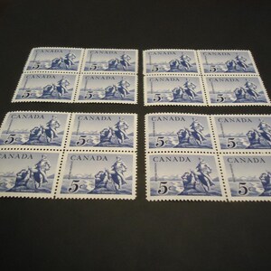 Sellos postales canadienses de la Casa de la Moneda, 4 series de 4 sellos (5 centavos, 1959), estatua de La Veredrye