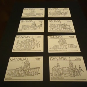 Surtido de 8 sellos postales canadienses sin usar, 1982-85, que tienen diferentes provincias en la portada.