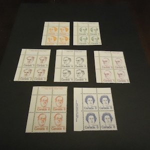 7 esquinas de bloque de placa canadiense Mint Caricatura Definitives 1973-76, 1, 2, 3, 4, 5, 6 y 8 centavos