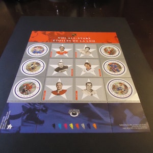 Sellos postales canadienses nuevos. Hoja de recuerdo de 6 sellos de 47 centavos, estrellas de la NHL, 2001.