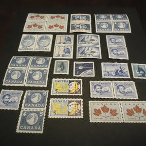35 sellos postales canadienses azules surtidos, en perfecto estado, de 5 centavos, de la década de 1960