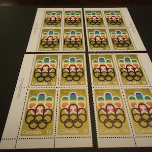 Conjunto de 4 esquinas de bloque de placa sin usar - sellos de 15 centavos de 1976 - Juegos Olímpicos de Montreal