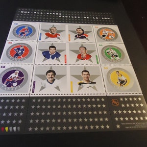 Sellos postales canadienses nuevos. Hoja de recuerdo de 50 centavos con 6 sellos de las estrellas de la NHL, 2005.
