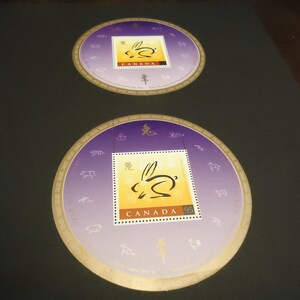 2 hojas conmemorativas del año canadiense del conejo, en perfecto estado, de 1999, con sellos de 95 centavos.