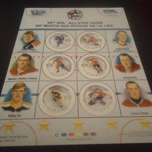 Sellos postales canadienses nuevos. Folleto de 6 sellos de 46 centavos. 50 juegos de estrellas de la NHL.