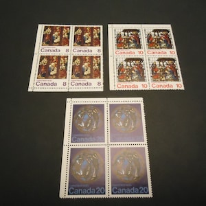 3 juegos de 4 sellos postales navideños canadienses sin usar de 1976 - Natividad
