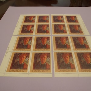 Conjunto de 4 bloques de placa canadienses sin usar de esquina de 1981 - 35 centavos autorretrato de pintor canadiense Frederick Varley
