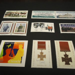 9 sellos postales canadienses surtidos, nuevos, de ejército, marina y cadetes canadienses.