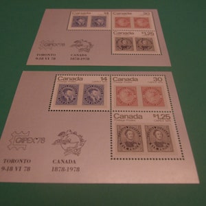 Conjunto de 2 hojas conmemorativas canadienses sin usar de Toronto CAPEX 78, los sellos son de denominaciones de 14, 30 y 1,25 centavos.