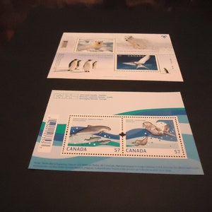 2 hojas conmemorativas de sellos postales canadienses: charrán ártico, oso polar y marsopa común, nutria marina, de 2009 a 2010.