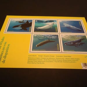 Hoja de recuerdo de la Casa de la Moneda de Canadá con 5 sellos n.° 3327 - Ballenas en peligro de extinción (2022)