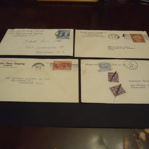 4 sobres con sellos postales canadienses usados de 1934, 1937x2 y 1939