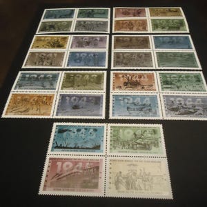 7 series de 4 sellos postales canadienses nuevos sobre la Segunda Guerra Mundial de 1939, 1940, 1941, 1942, 1943, 1944 y 1945