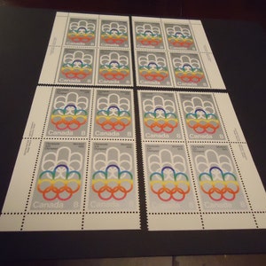 Conjunto de 4 sellos de 8 centavos con esquinas de bloque de placa sin usar de 1976, Juegos Olímpicos de Montreal