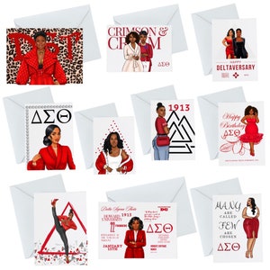 May include: A set of nine greeting cards featuring illustrations of women in red and black outfits with the Greek letters Delta Sigma Theta. The cards have various designs and messages, including "Crimson & Cream", "Happy Birthday", and "Many Are Called Few Are Chosen".