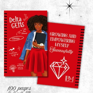 May include: Two red spiral-bound notebooks. One features a woman illustration with text "Delta GEMS" and "LEADER". The other says "GROWING AND EMPOWERING MYSELF Successfully". The notebooks are 5.5 x 8.5 inches and have 100 pages.