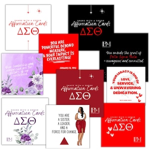 May include: A collection of affirmation cards in various colors, including white, black, and red. Each card features text such as "Affirmation Cards" and the Greek letters ΔΣΘ. Some cards have floral designs or inspirational quotes.