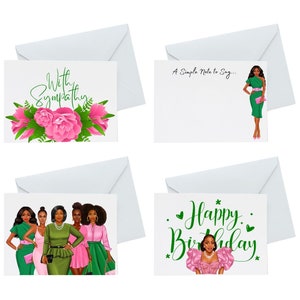 May include: Set of four greeting cards featuring black women with pink and green accents. The cards include the phrases "With Sympathy", "A Simple Note to Say...", "Happy Birthday", and a blank card.