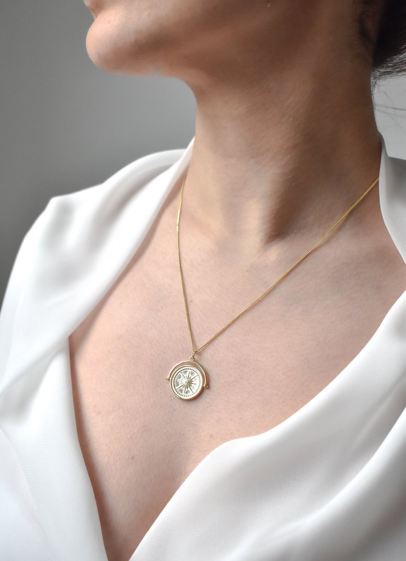 Chunky 18K Gold Aztec Necklace, Compass, Layered Gold Chain, Coin Medallion Mens Disc, Long Necklace Pendant, Link Chain Necklace for Women image 1