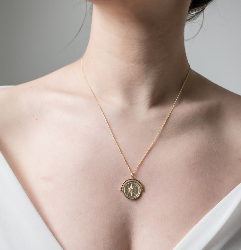 Chunky 18K Gold Aztec Necklace, Compass, Layered Gold Chain, Coin Medallion Mens Disc, Long Necklace Pendant, Link Chain Necklace for Women image 2