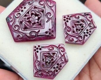 Natural Ruby Carving 3 Piece Set – Hand Carved Floral Design Ruby Gemstone for Jewelry Making & Collectors