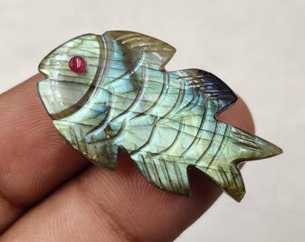 Labradorita natural tallada a mano con forma de pez, piedra preciosa suelta, hermosa talla multifuego