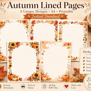 May include: Five A4 printable lined pages featuring autumn-themed borders with pumpkins, sunflowers, colourful fall leaves, mushrooms, and acorns. The text reads Autumn Lined Pages, 5 Unique Designs, A4, Printable, Instant Download, and Perfect For Journals, Notes, Letters, School Work, Daily Planning.