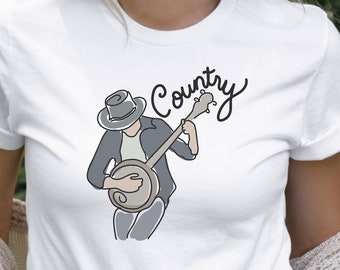 Country Muziek Bluegrass Banjo Outlaw Country Americana Cowboy Line Drawing Graphic Tee