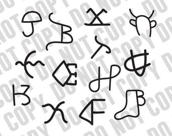 May include: A set of 13 black and white hand-drawn symbols. The symbols are abstract and geometric in nature. They are arranged in a circle.
