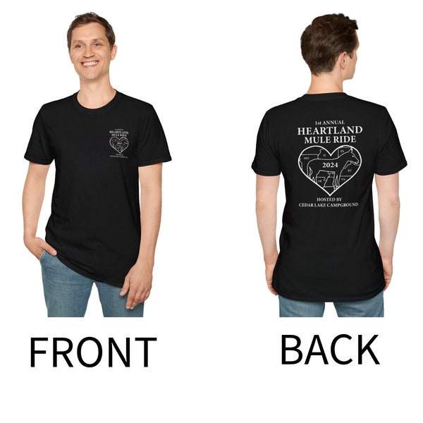 The Official 2024 Heartland Mule Ride T-Shirt - small logo front - logo back - Hosted by Cedar Lake Campground
