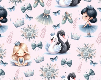 Cute ballerina girl digital pattern, black and white swan seamless paper, cute ballerina girl, ballet paper, for commercial use