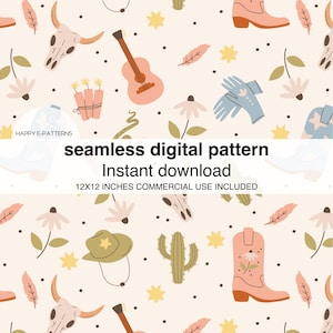 Puede incluir: Patrón digital sin costuras con botas de vaquero, una guitarra, una calavera de toro, un cactus y un sombrero de vaquero. El diseño incluye el texto "seamless digital pattern Instant download 12x12 inches commercial use included". El fondo es de color beige claro.