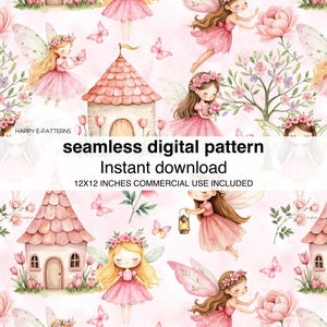 Puede incluir: Un patrón digital sin costuras con hadas, mariposas y casitas en tonos rosa y melocotón. Las hadas tienen alas y coronas de flores. El texto dice "patrón digital sin costuras, descarga instantánea, 12x12 pulgadas uso comercial incluido."