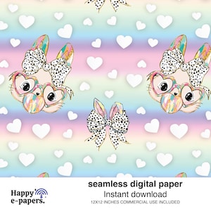 Puede incluir: Un patrón de papel digital sin costuras que presenta un lindo conejito de dibujos animados con un lazo y gafas en forma de corazón. El fondo es un degradado de arcoíris con corazones blancos dispersos. El texto "seamless digital paper" y "Instant download" está en la parte inferior de la imagen. El texto "12X12 INCHES COMMERCIAL USE INCLUDED" también está en la parte inferior de la imagen.